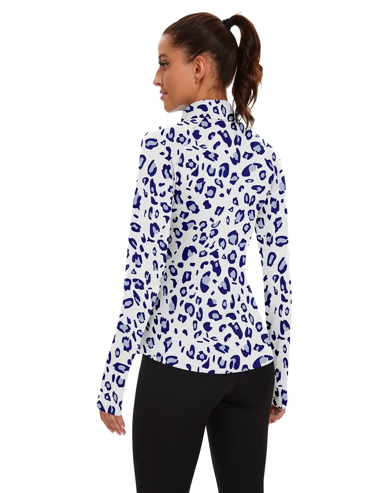 Women's Blue Leopard Quarter-zip Long-sleeve Shirt with Pockets