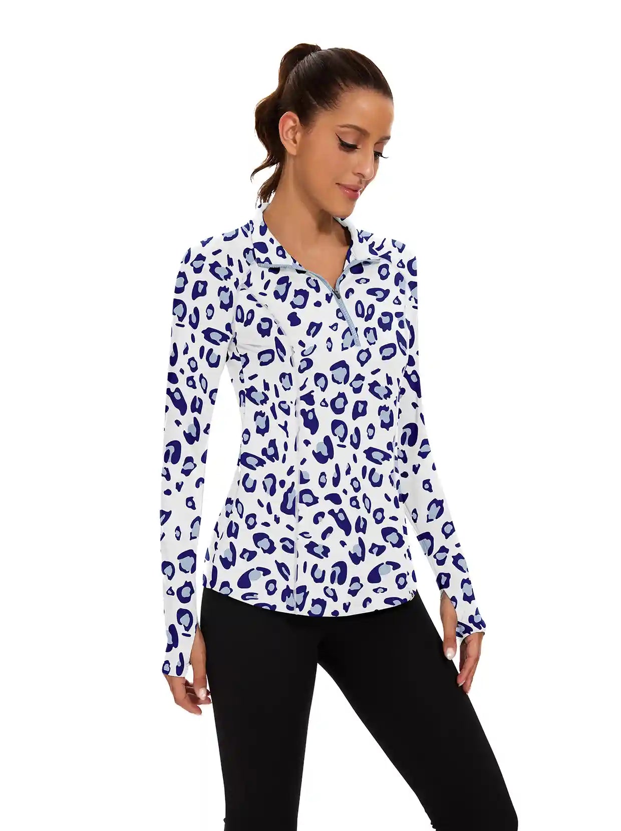 Women's Blue Leopard Quarter-zip Long-sleeve Shirt with Pockets