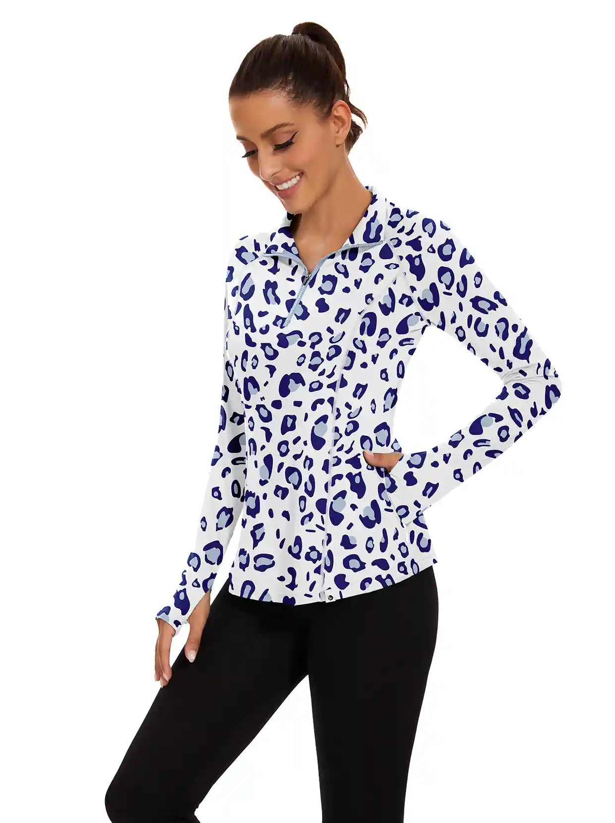 Women's Blue Leopard Quarter-zip Long-sleeve Shirt with Pockets