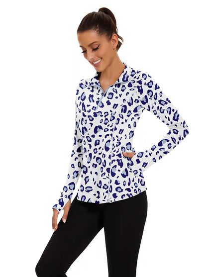 Women's Blue Leopard Quarter-zip Long-sleeve Shirt with Pockets