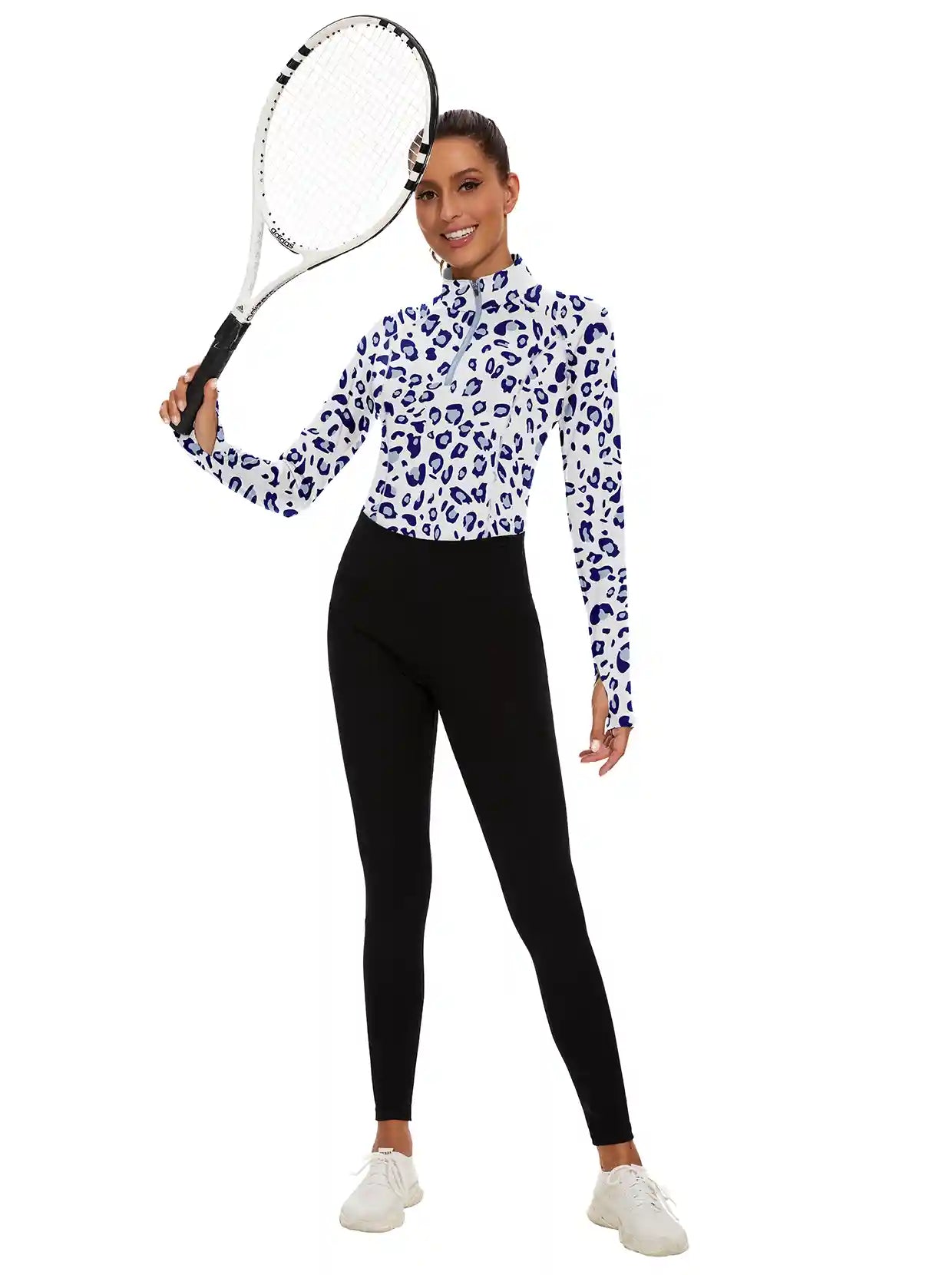 Women's Blue Leopard Quarter-zip Long-sleeve Shirt with Pockets