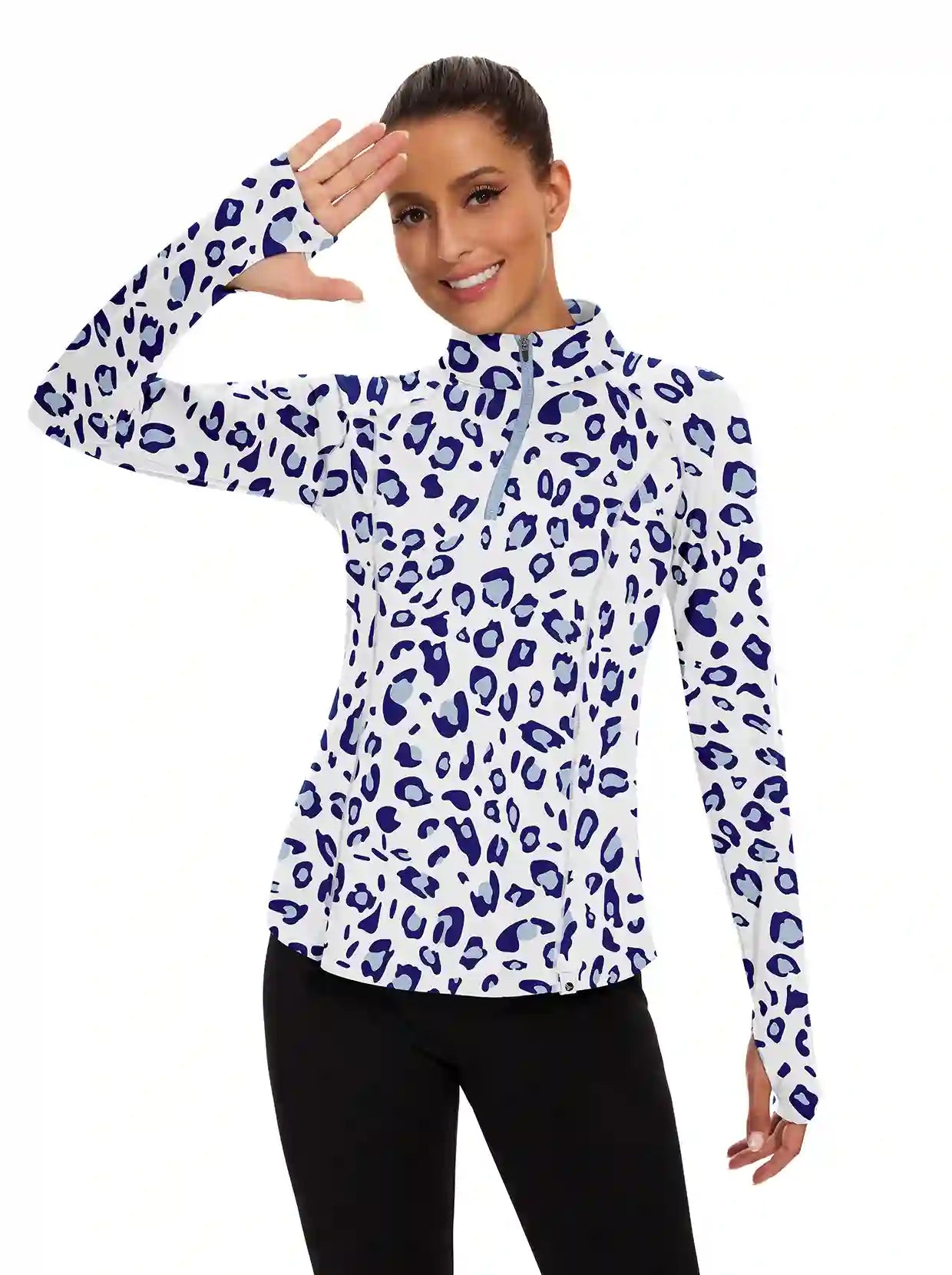 Women's Blue Leopard Quarter-zip Long-sleeve Shirt with Pockets 