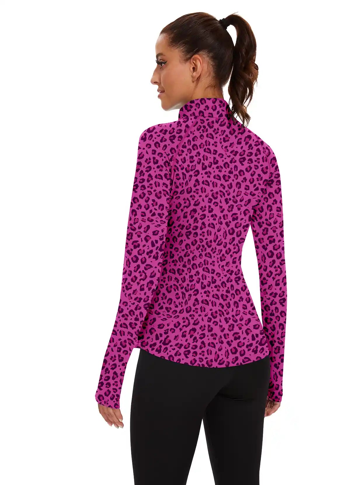 Ladies Purple Leopard Quarter-zip Long-sleeve Shirt with Pockets