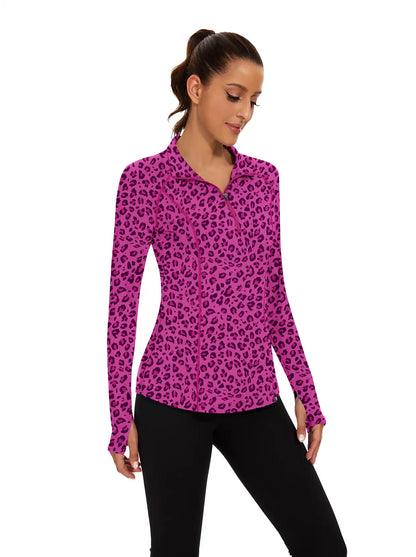 Ladies Purple Leopard Quarter-zip Long-sleeve Shirt with Pockets