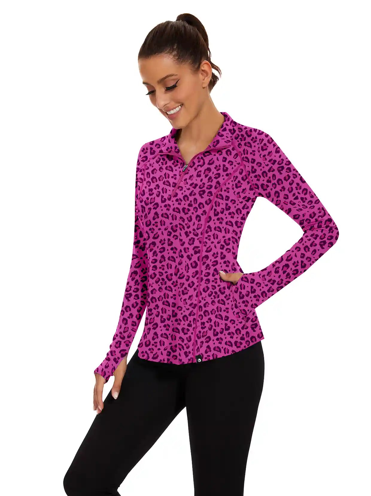 Ladies Purple Leopard Quarter-zip Long-sleeve Shirt with Pockets