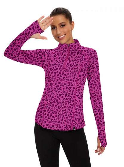 Ladies Purple Leopard Quarter-zip Long-sleeve Shirt with Pockets 