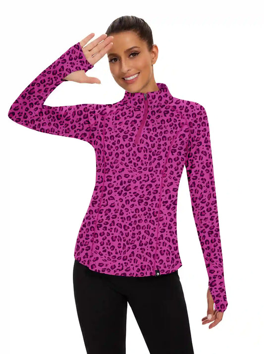 Ladies Purple Leopard Quarter-zip Long-sleeve Shirt with Pockets 