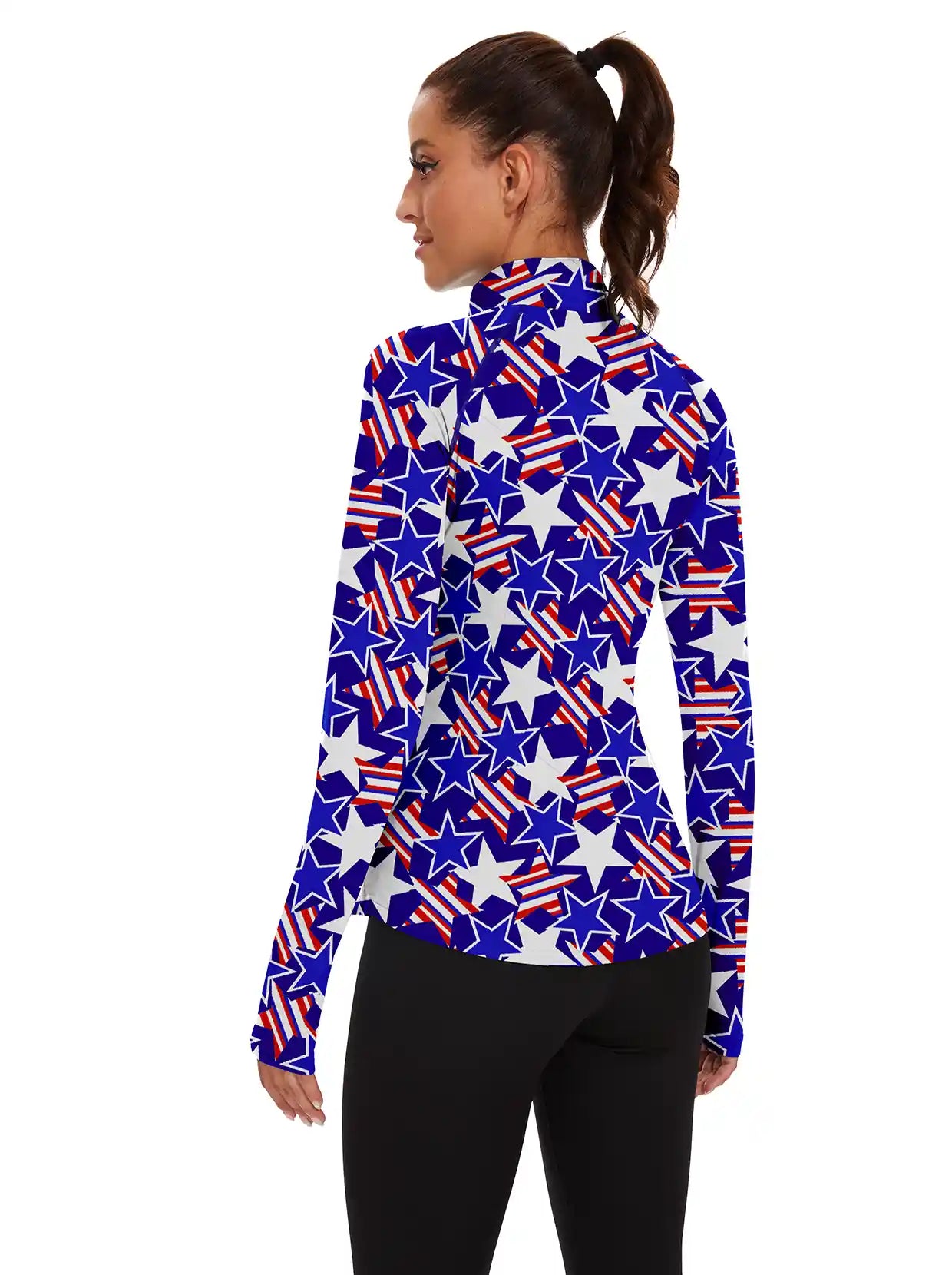 Ladies Blue Star Quarter-zip Long-sleeve Shirt with Pockets