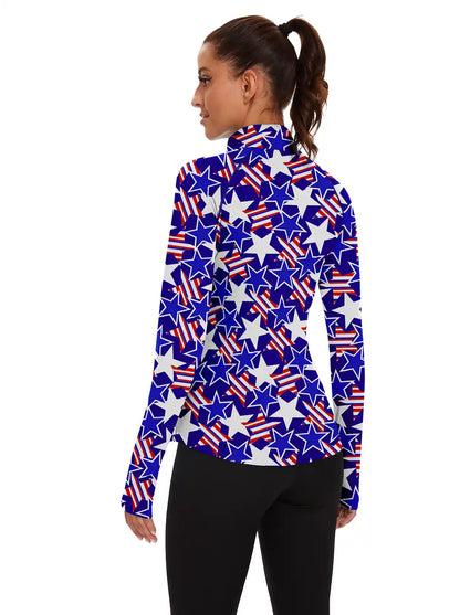 Ladies Blue Star Quarter-zip Long-sleeve Shirt with Pockets