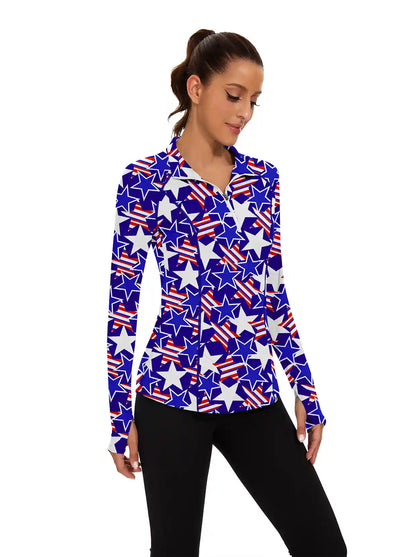 Ladies Blue Star Quarter-zip Long-sleeve Shirt with Pockets