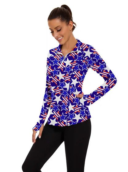 Ladies Blue Star Quarter-zip Long-sleeve Shirt with Pockets