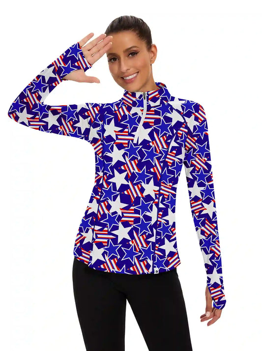 Ladies Blue Star Quarter-zip Long-sleeve Shirt with Pockets