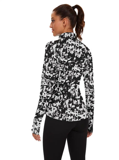 Ladies White Print Quarter-zip Long-sleeve Shirt with Pockets