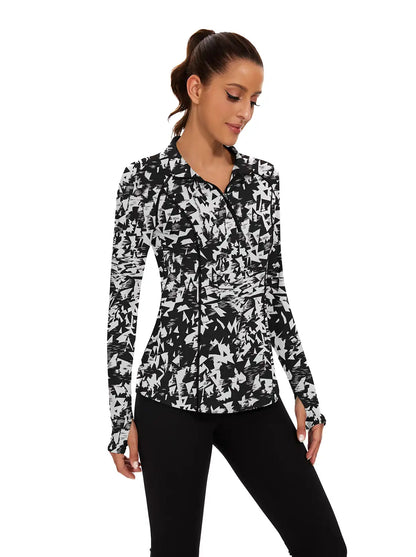 Ladies White Print Quarter-zip Long-sleeve Shirt with Pockets