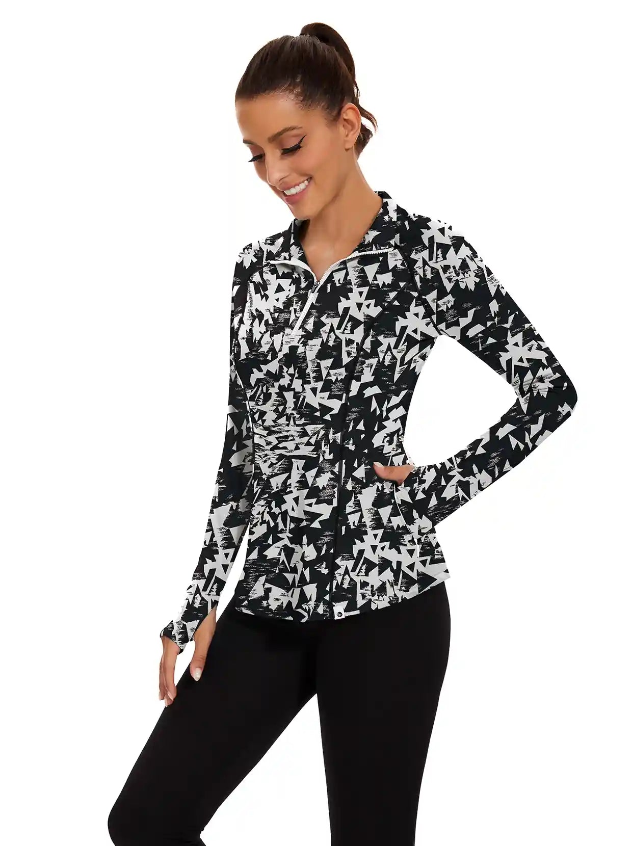 Ladies White Print Quarter-zip Long-sleeve Shirt with Pockets