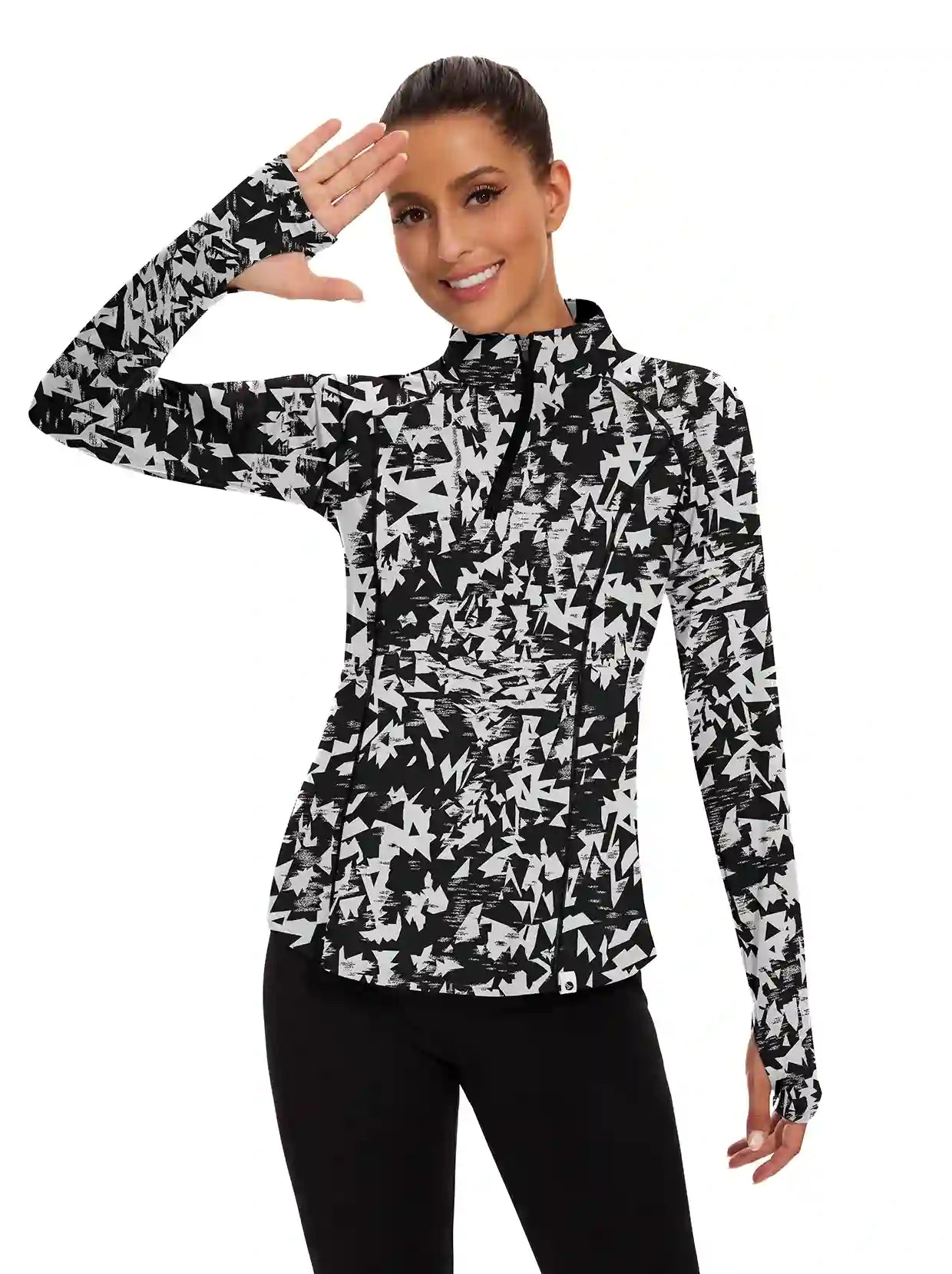 Ladies White Print Quarter-zip Long-sleeve Shirt with Pockets