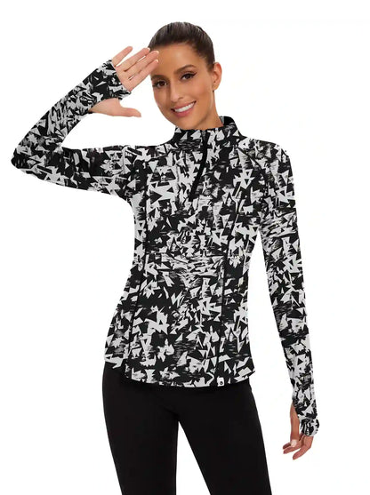 Ladies White Print Quarter-zip Long-sleeve Shirt with Pockets