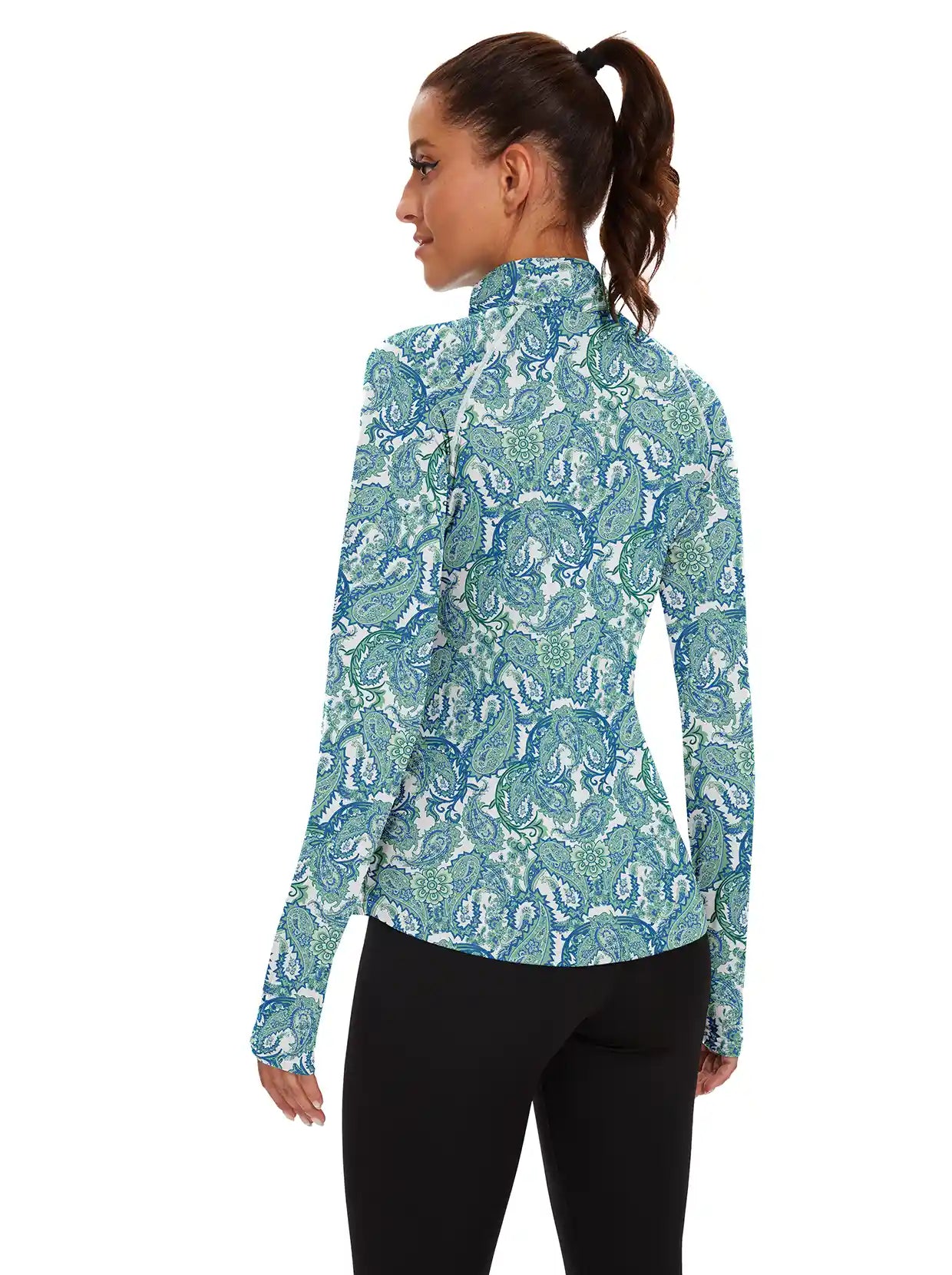 Ladies Green Paisley Quarter-zip Long-sleeve Shirt with Pockets