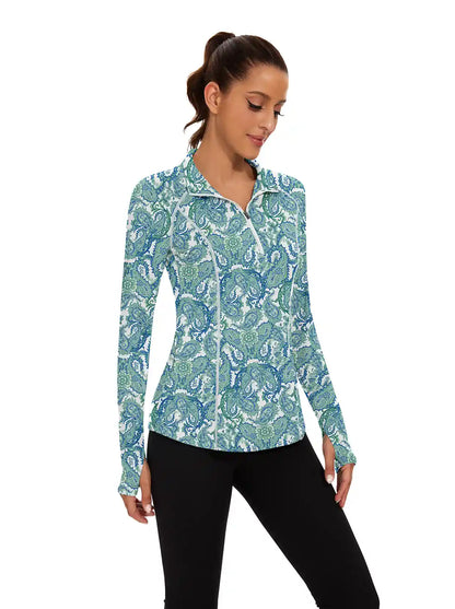 Ladies Green Paisley Quarter-zip Long-sleeve Shirt with Pockets