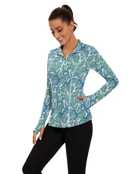 Ladies Green Paisley Quarter-zip Long-sleeve Shirt with Pockets