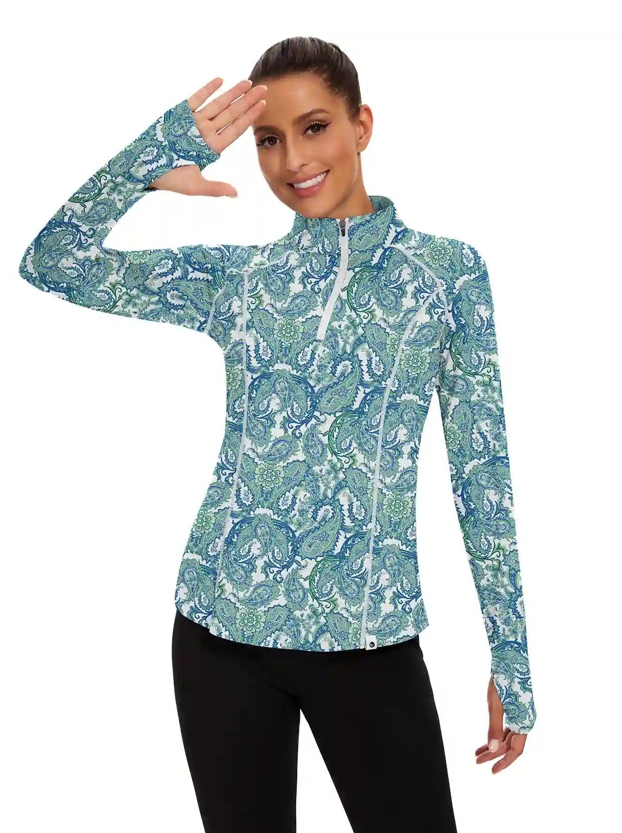 Ladies Green Paisely Quarter-zip Long-sleeve Shirt with Pockets 