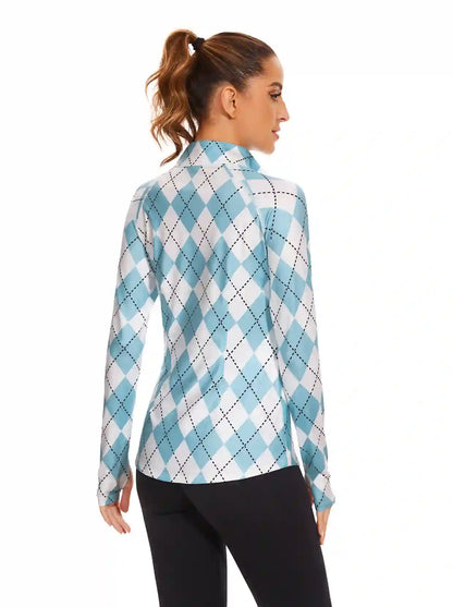 Ladies Blue Checkerboard Quarter-zip Long-sleeve Shirt with Pockets