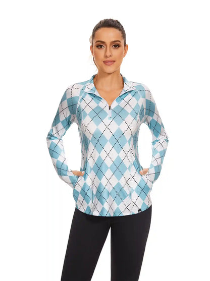 Ladies Blue Checkerboard Quarter-zip Long-sleeve Shirt with Pockets