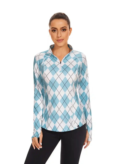 Ladies Blue Checkerboard Quarter-zip Long-sleeve Shirt with Pockets