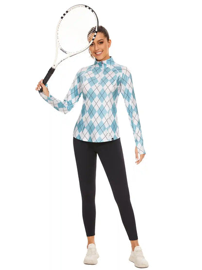 Ladies Blue Checkerboard Quarter-zip Long-sleeve Shirt with Pockets