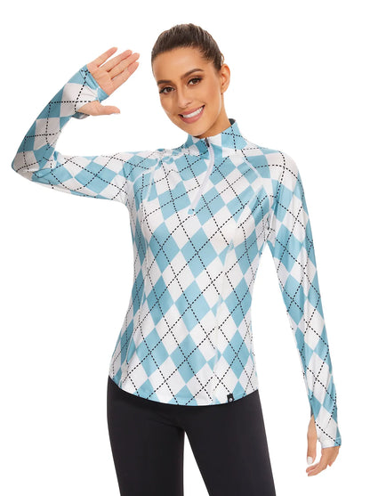 Ladies Blue Checkerboard Quarter-zip Long-sleeve Shirt with Pockets