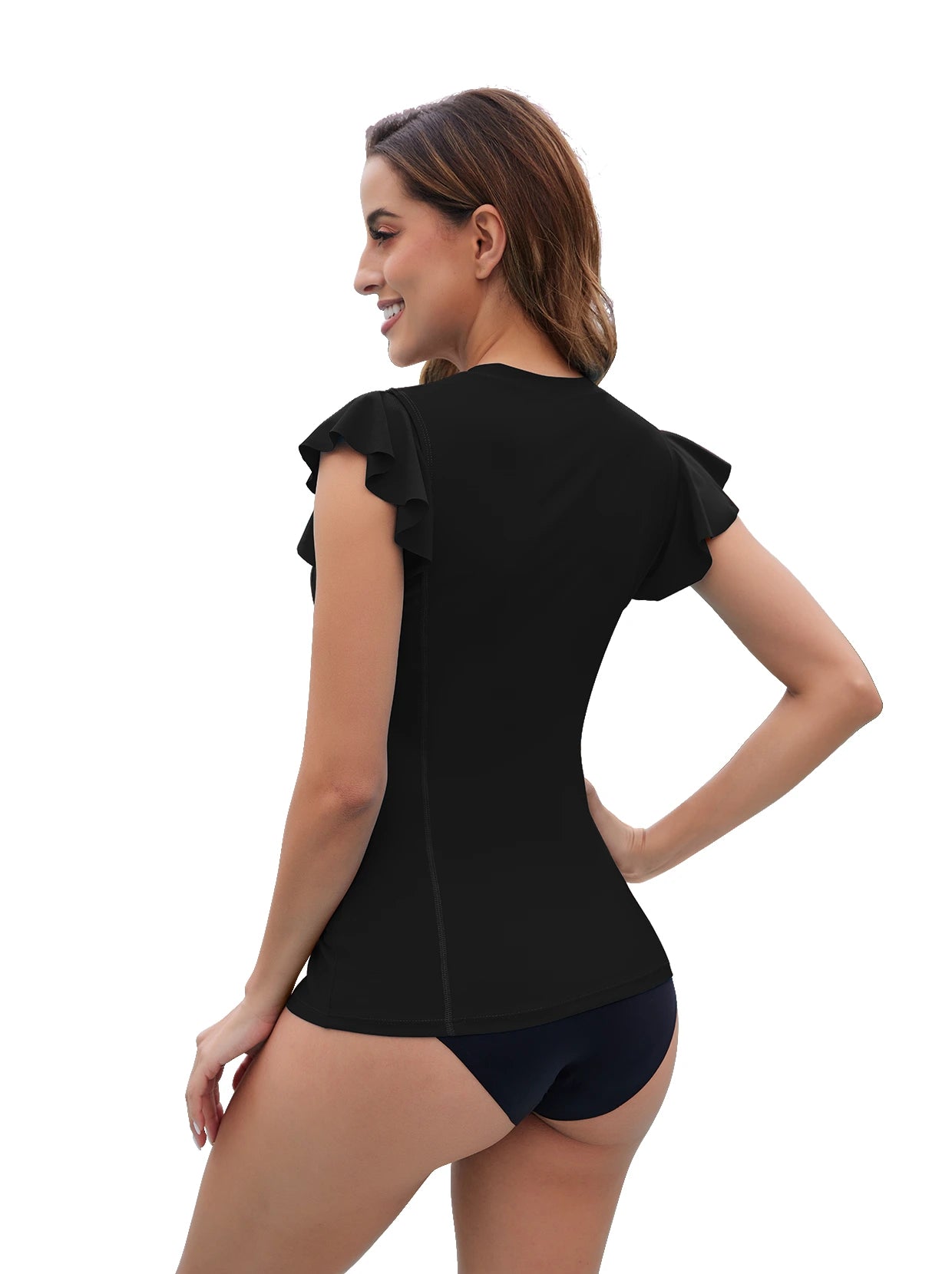 Solid Black Ruffled Sleeveless Rash Guard For Women