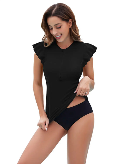 Solid Black Ruffled Sleeveless Rash Guard For Women