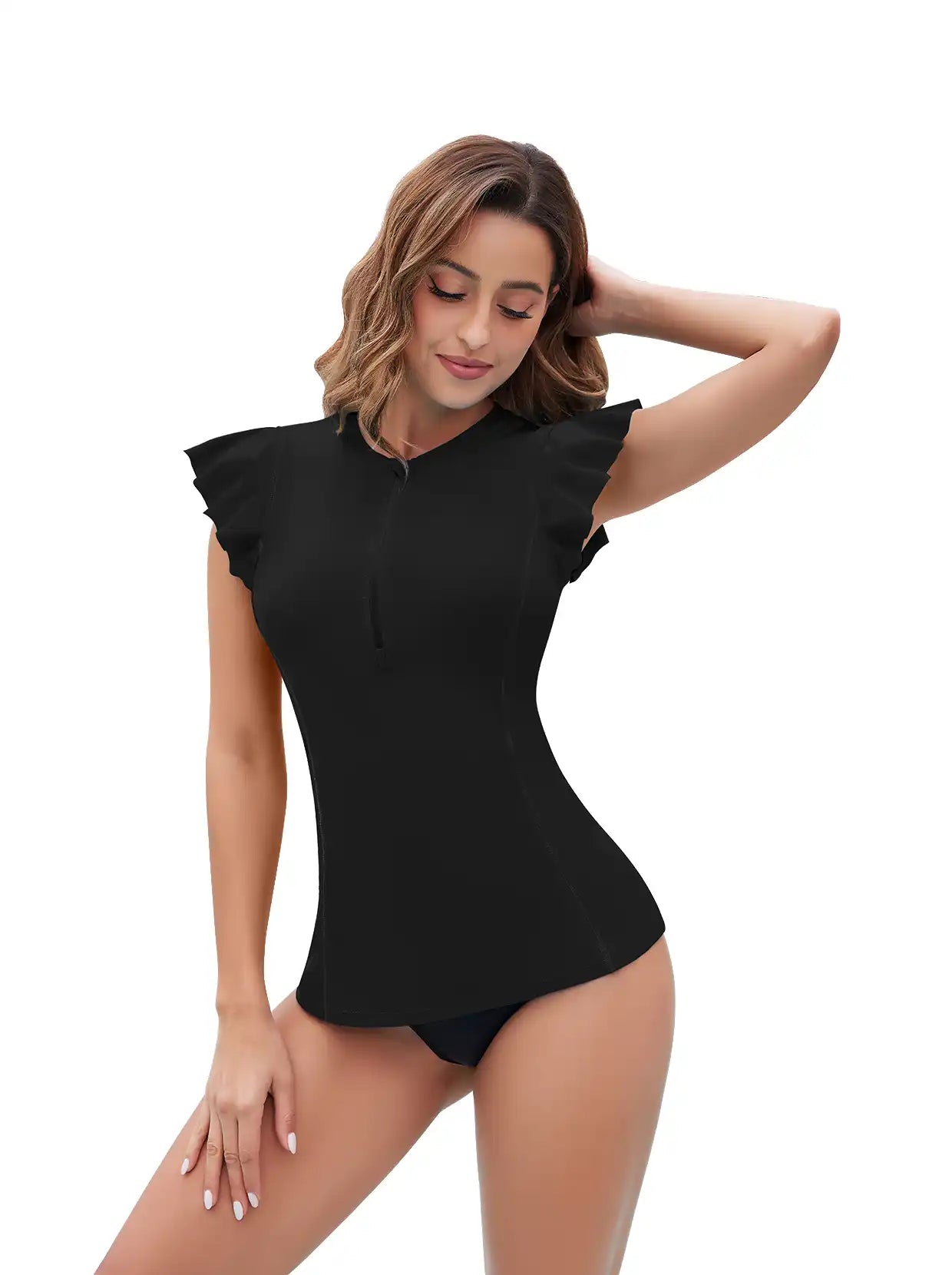 Solid Black Ruffled Sleeveless Rash Guard For Women