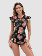 Pink Floral on Black Background Quarter-zip Ruffled Sleeveless Rash Guard 