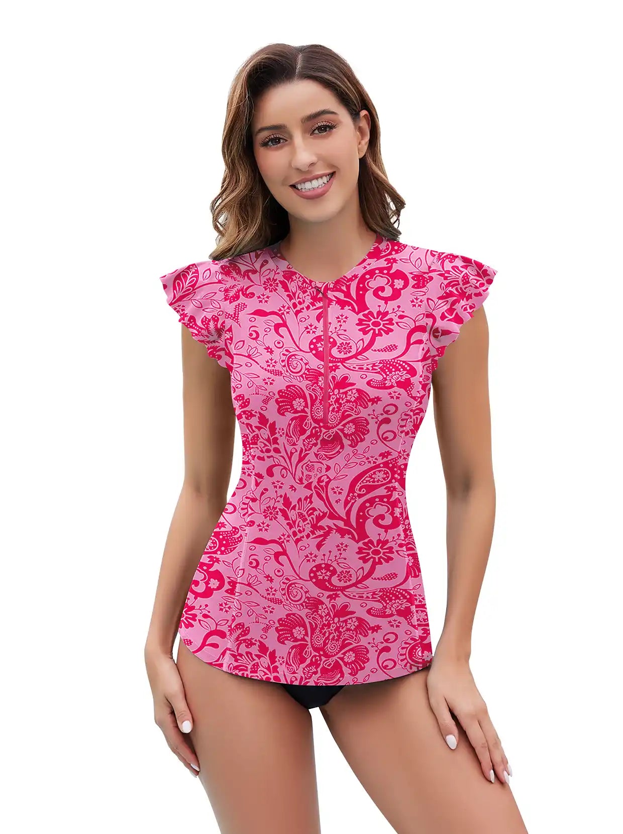 Pink Floral Quarter-zip Ruffled Sleeveless Rash Guard For Women