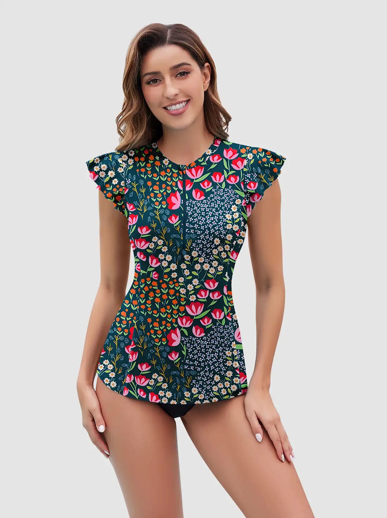 Tulip Print Quarter-zip Ruffled Sleeveless Rash Guard For Women 