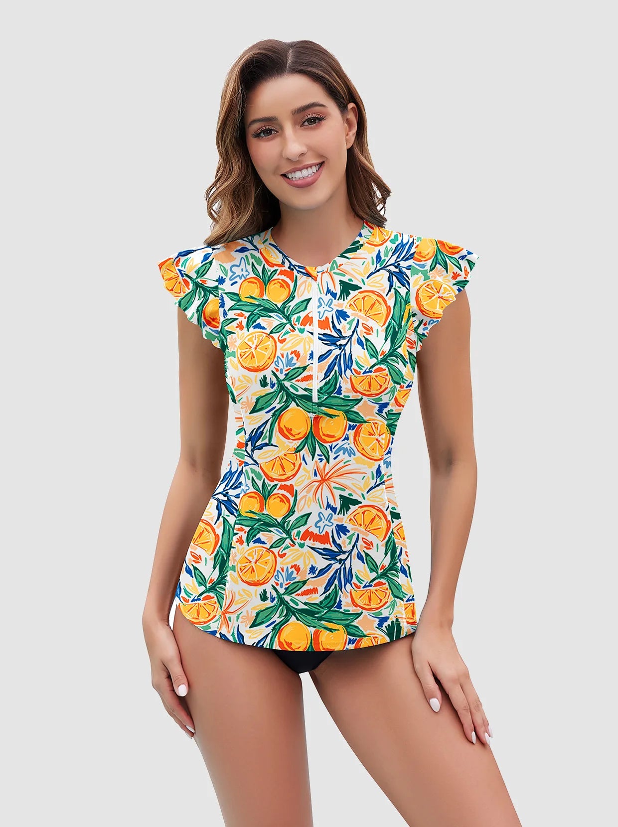 Fruit Pattern Quarter-zip Ruffled Sleeveless Rash Guard 