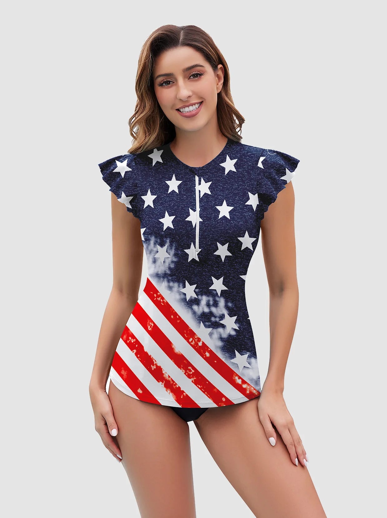 Flag Print Quarter-zip Ruffled Sleeveless Rash Guard for Women 