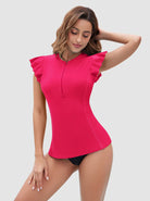 Basic Quarter-zip Ruffled Sleeveless Rash Guard for Women 