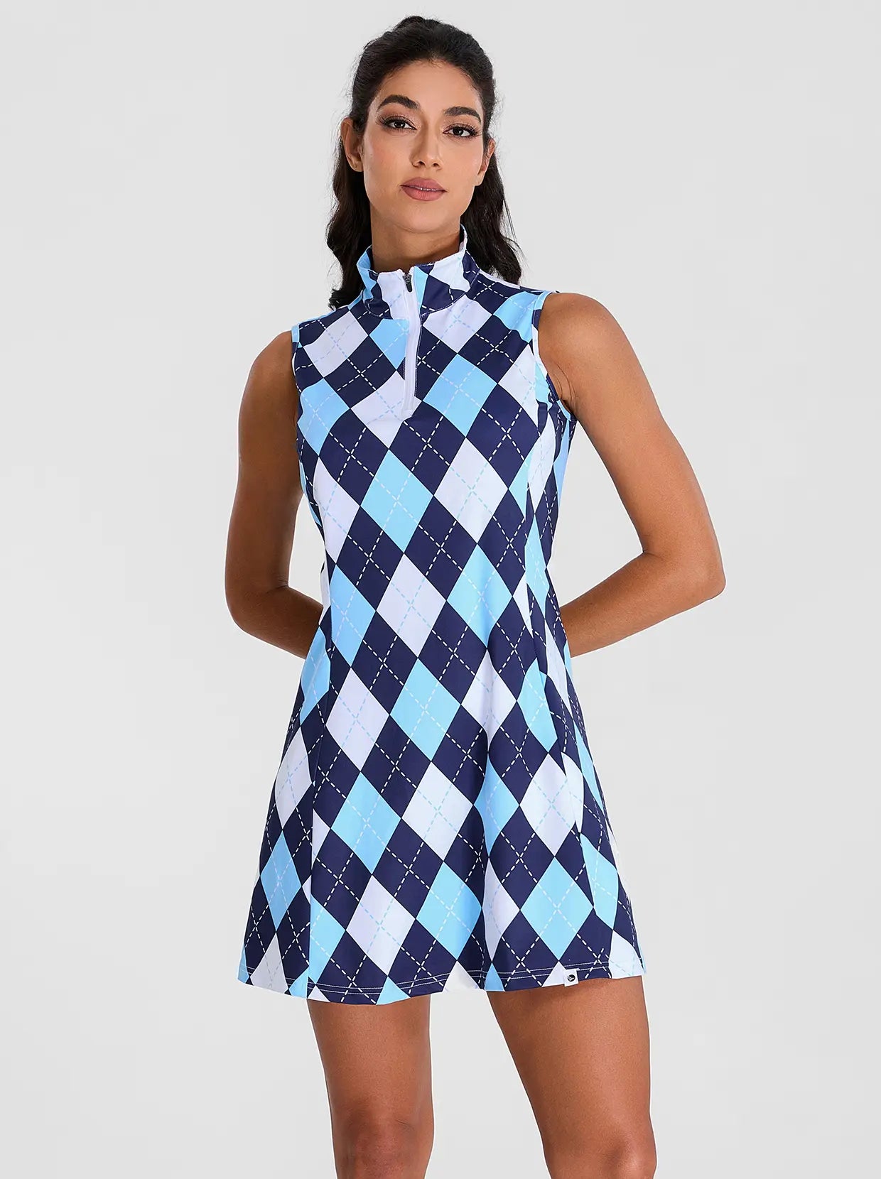 Checkerboard Zipper Golf Dress with Shorts | Suitable for Tennis