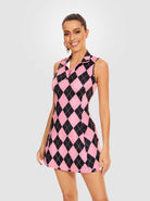 Pink Checkerboard Quarter-zip Sleeveless Dress with Shorts and Pockets