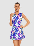 33" Colorful Leaves Quarter-zip Sleeveless Dress with Shorts 