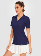 Basic Ribbed V-neck Short-sleeve Polo Shirt for Women 