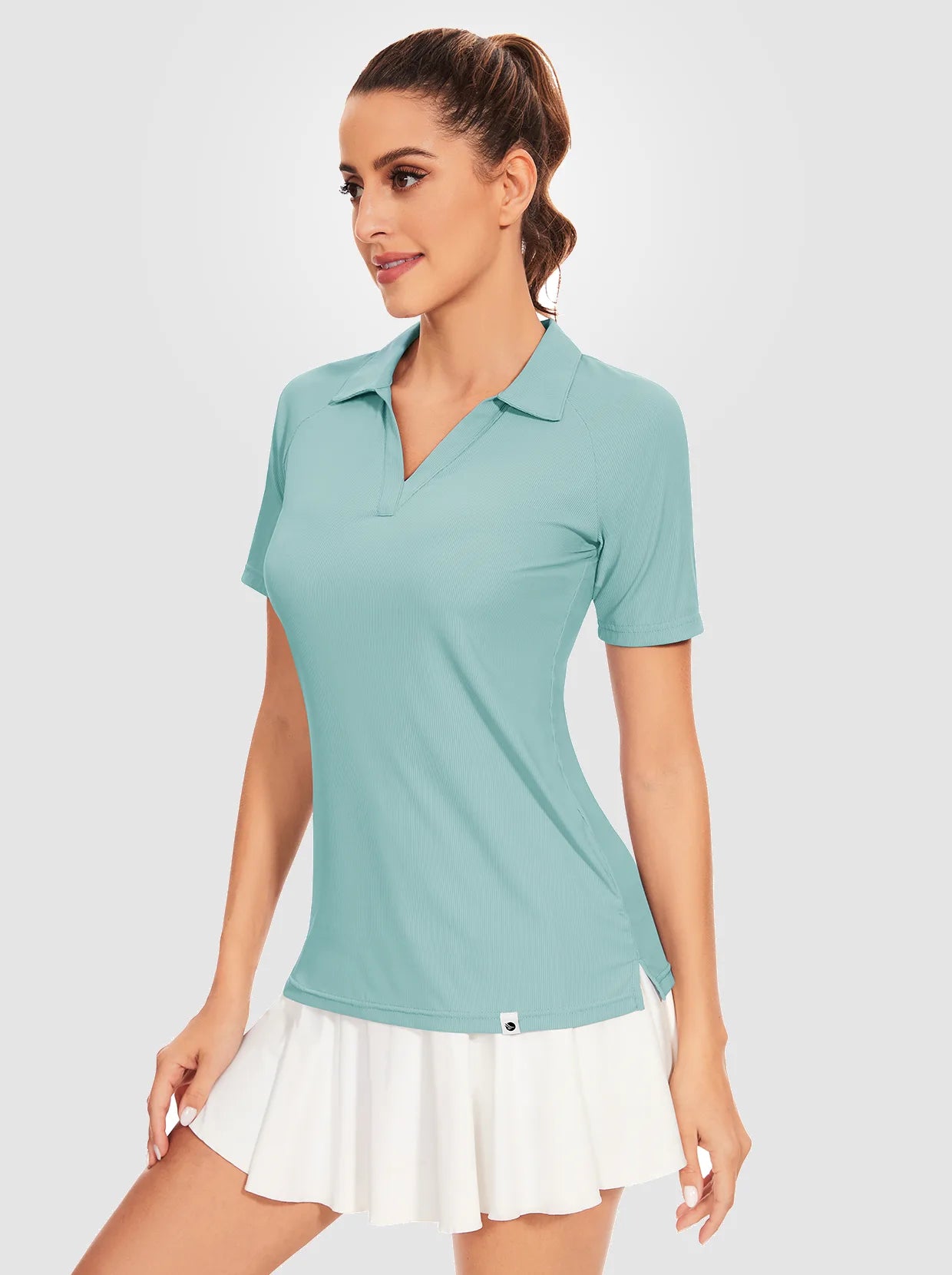 Basic Ribbed V-neck Short-sleeve Polo Shirt for Women