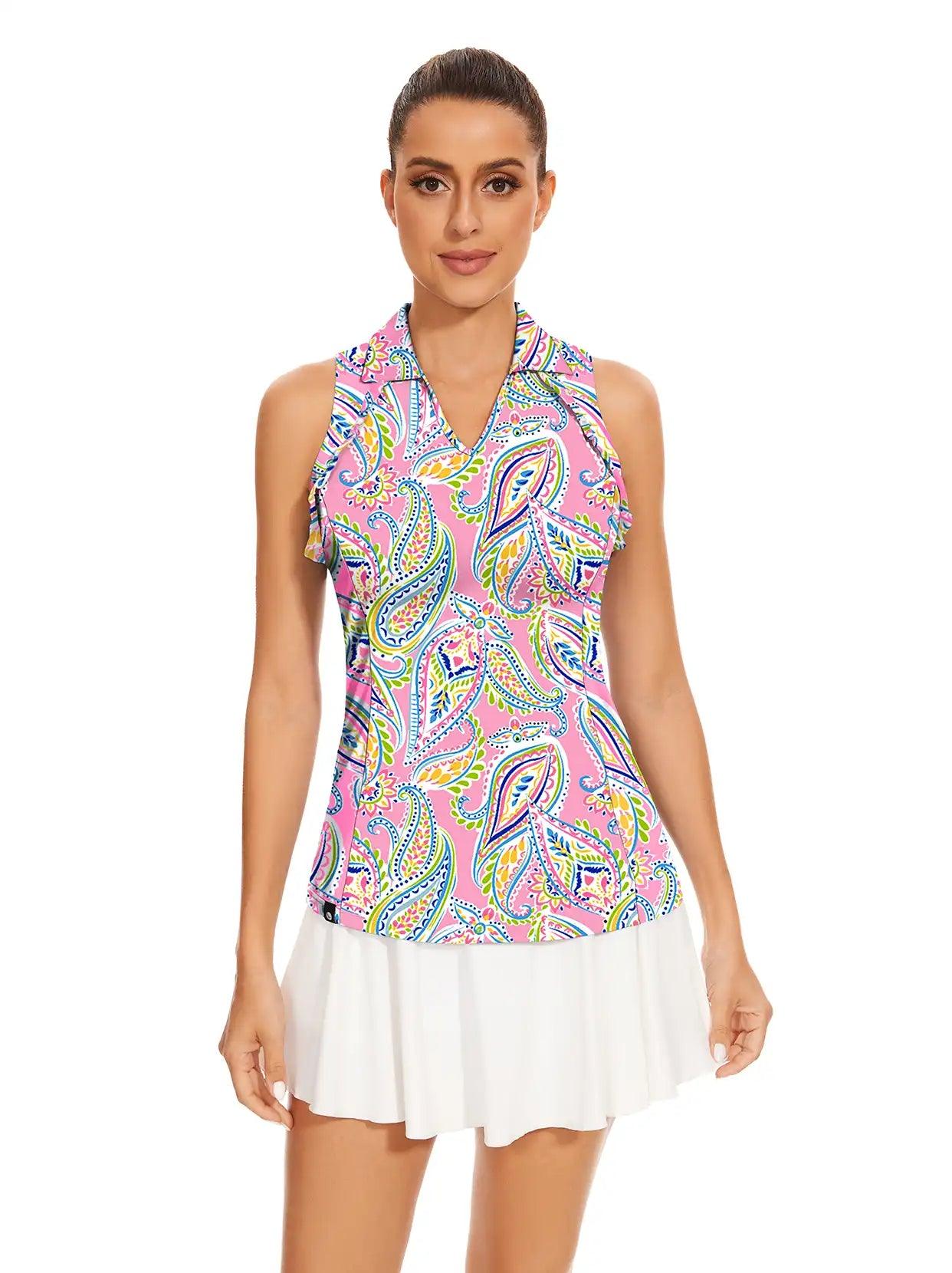 Pink Paisley V-Neck Sleeveless Golf Polo Shirt for Women