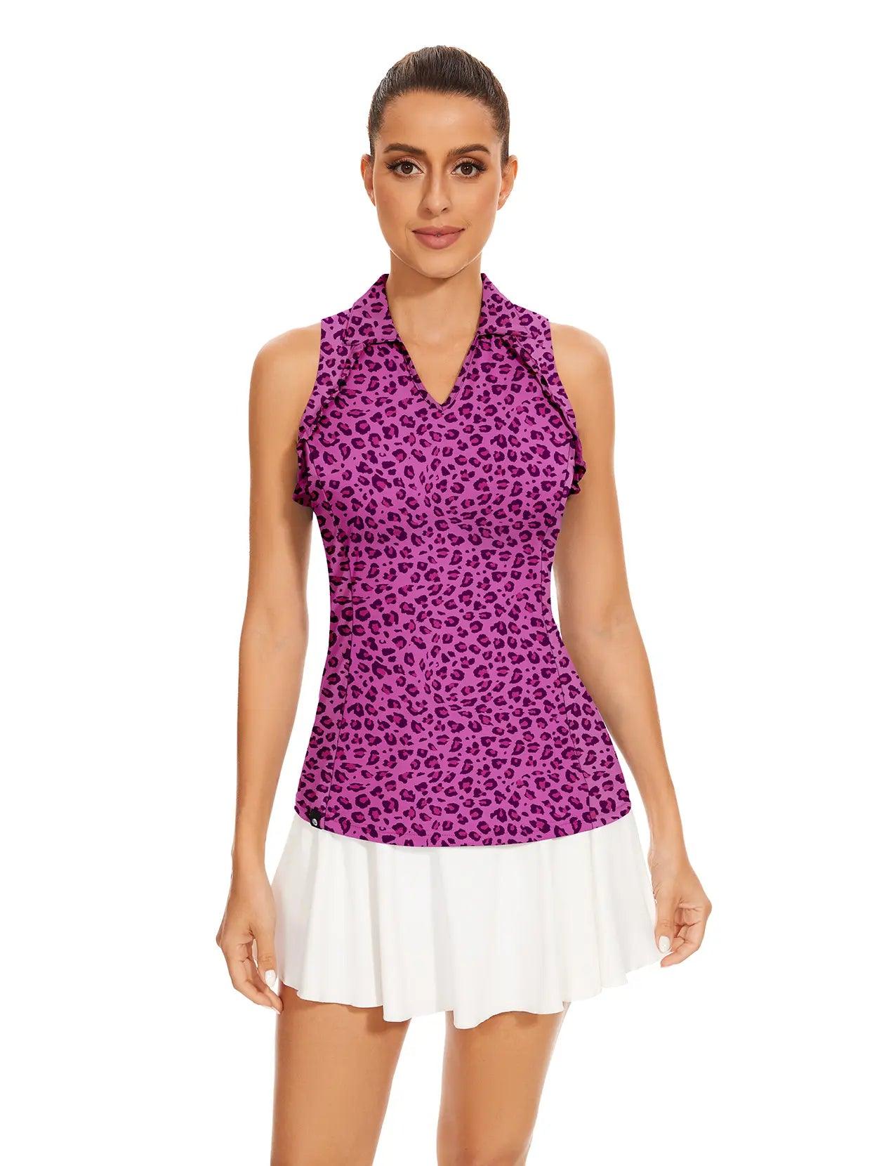 Purple Leopard V-Neck Sleeveless Golf Polo Shirt for Women