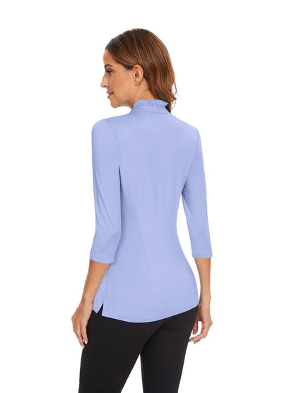 Solid Blue Ruffled-collar 3/4 Sleeve Polo Shirt for Women