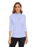 Solid Blue Ruffled-collar 3/4 Sleeve Polo Shirt for Women