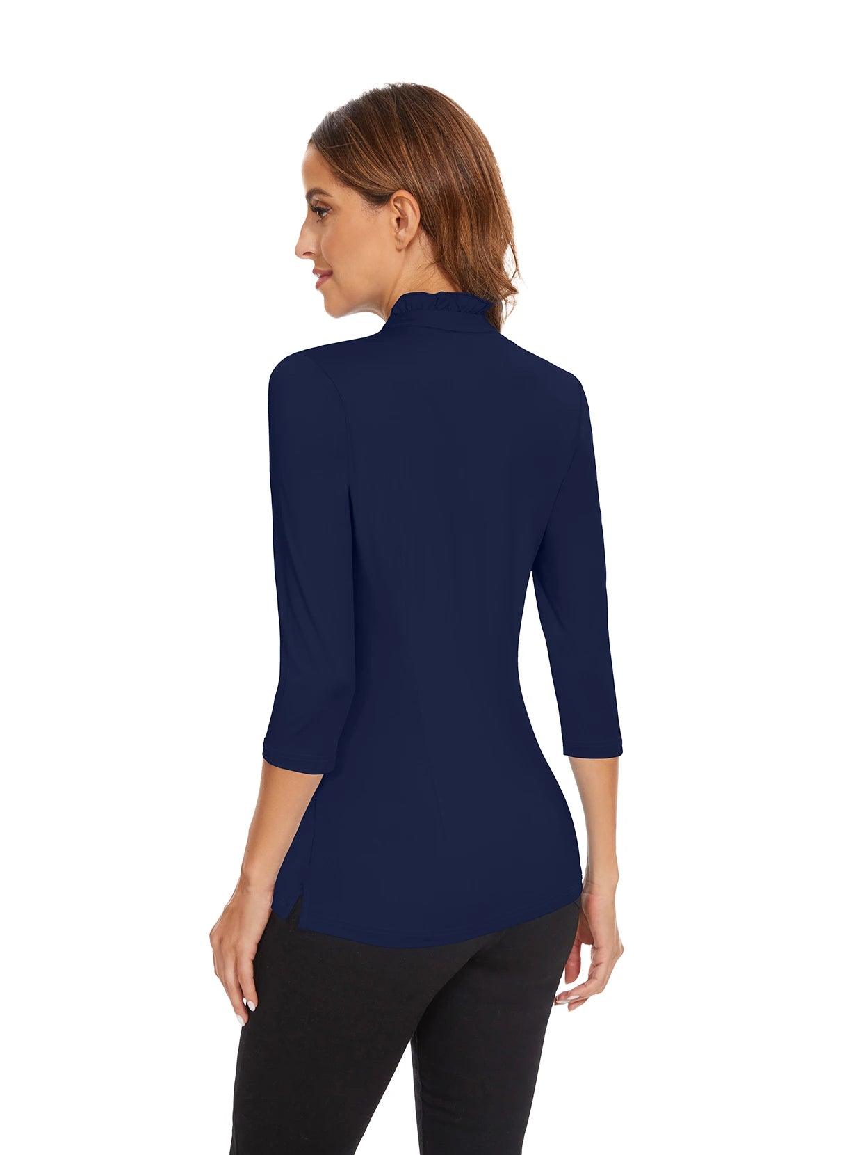 Dark Blue Ruffled-collar 3/4 Sleeve Polo Shirt for Women