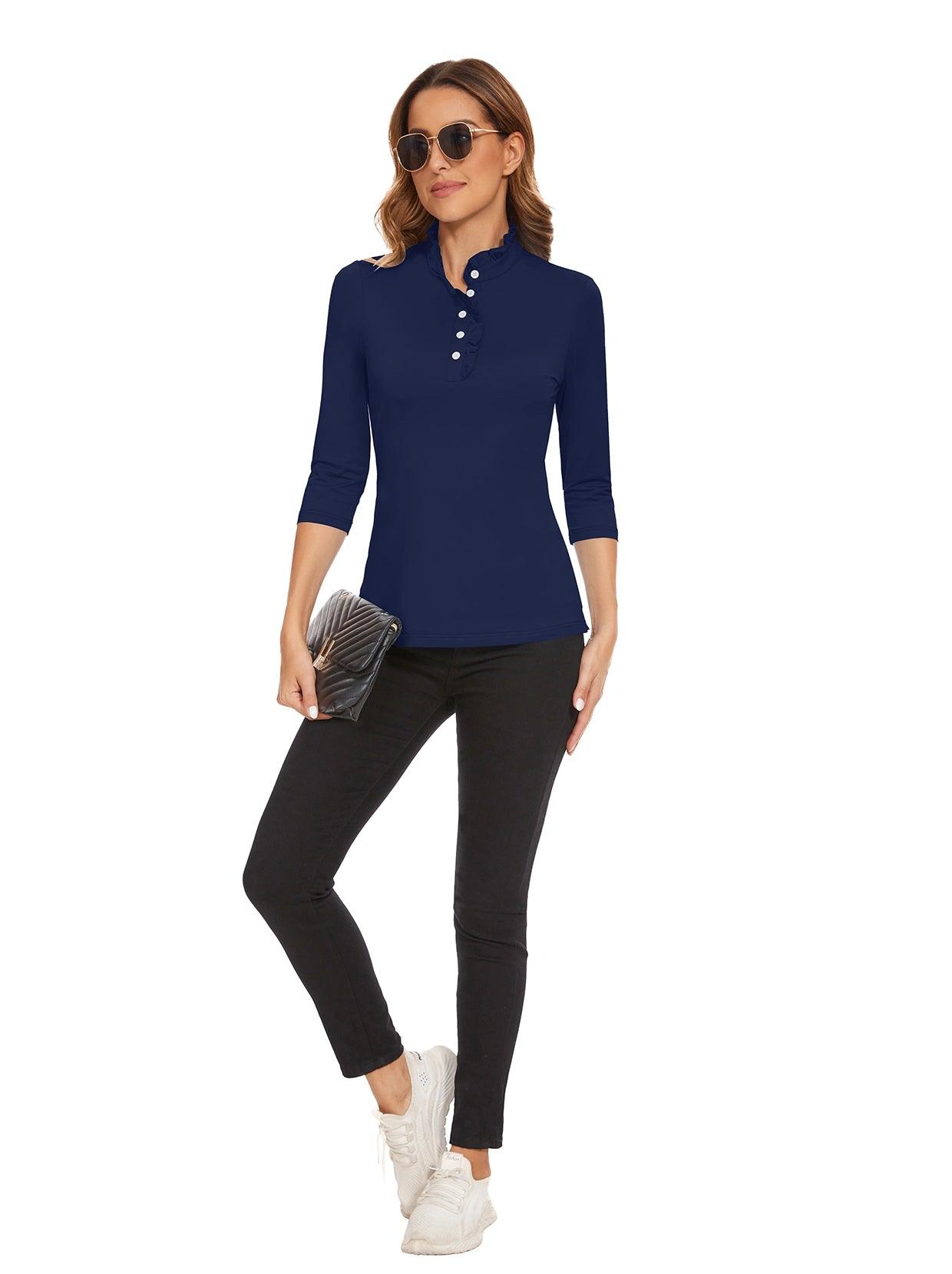 Dark Blue Ruffled-collar 3/4 Sleeve Polo Shirt for Women